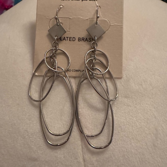 Silver Double Hoop Earrings with Geometric Design - Picture 3 of 4